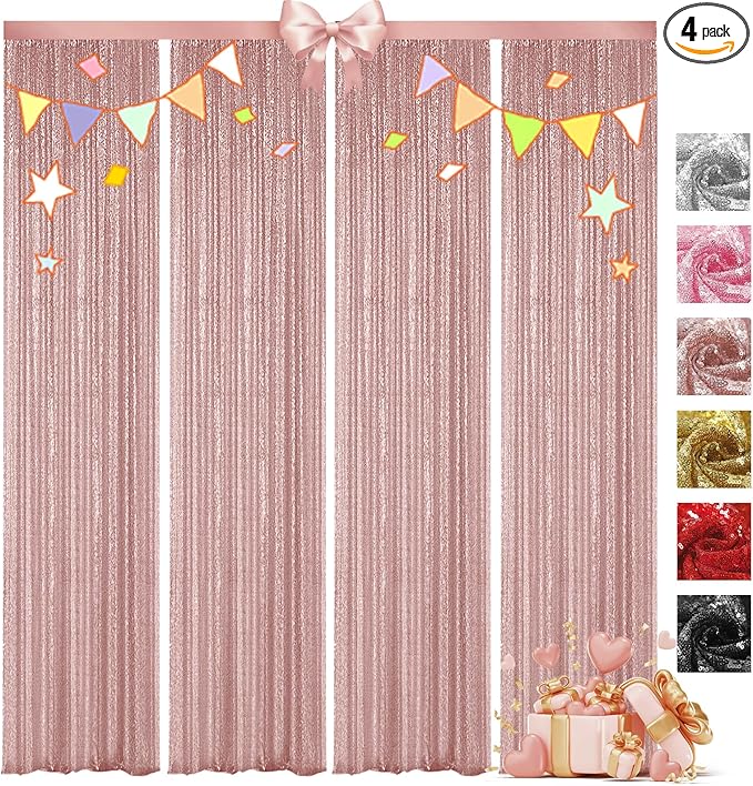 VOK Rose Gold Sequin Backdrop Curtains 4 Panels 2FTx8FT Glitter Photography by VOK