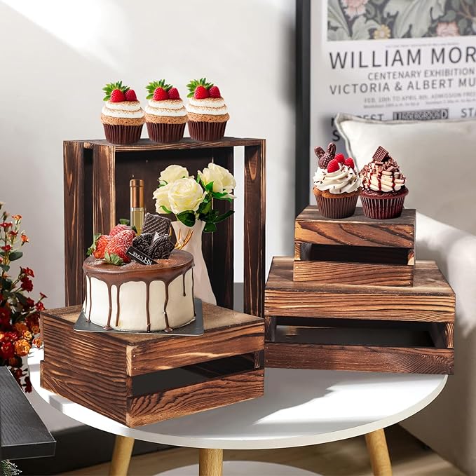 8 Pcs Buffet Risers with Mini Signs, Rustic Wood Cake Stands, Food Risers - Image 3