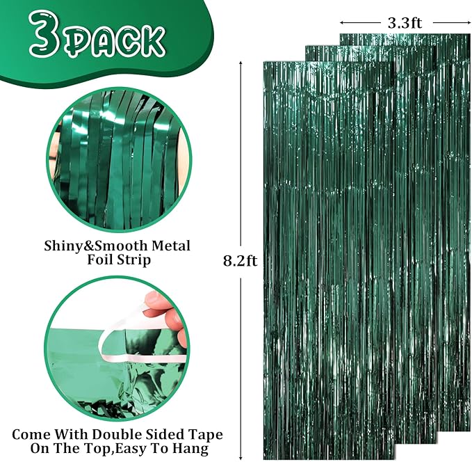 3 Pack 3.3 x 8.2 ft Retro Green Foil Fringe Backdrop Curtains, Tinsel Streamers - Image 2