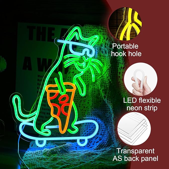 Skateboard Cat Neon Sign LED Cool Glasses Cat Neon Light - Image 3