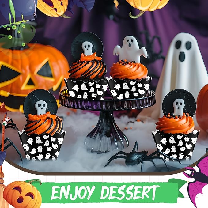 Domensi 100 Pcs Halloween Ghost Cupcake Wrappers Cupcake Liners Ghost Baking - Image 2
