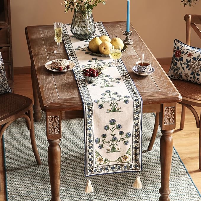 patdrea Designer Blue Rustic Elegant Floral Patterned Linen Table Runner 87 - Image 3