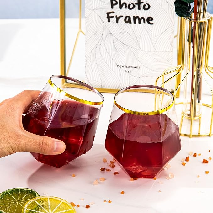 LUODA 32 Pack Gold Plastic Stemless Wine Glasses, 12 Oz Disposable Diamond - Image 4