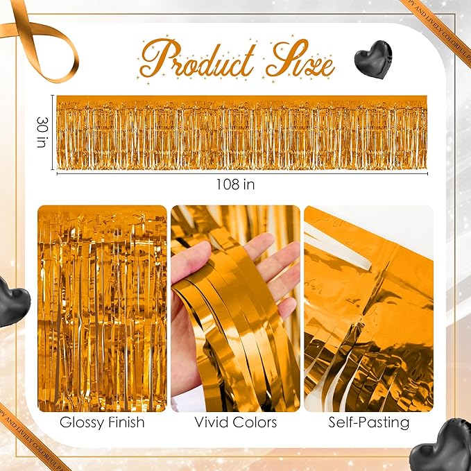 2 Pack Black Orange Table Skirts, 29x108" Metallic Foil Tinsel Fringe Table - Image 3