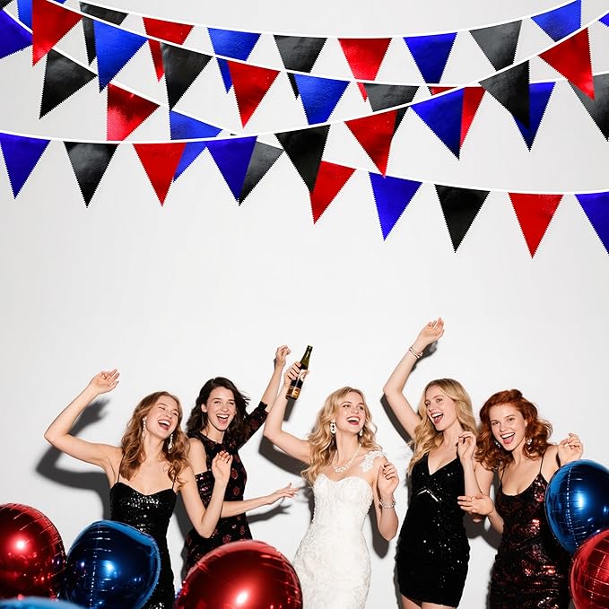 Navy Blue Red Black Party Decorations Metallic Fabric Triangle Pennant Banner - Image 5