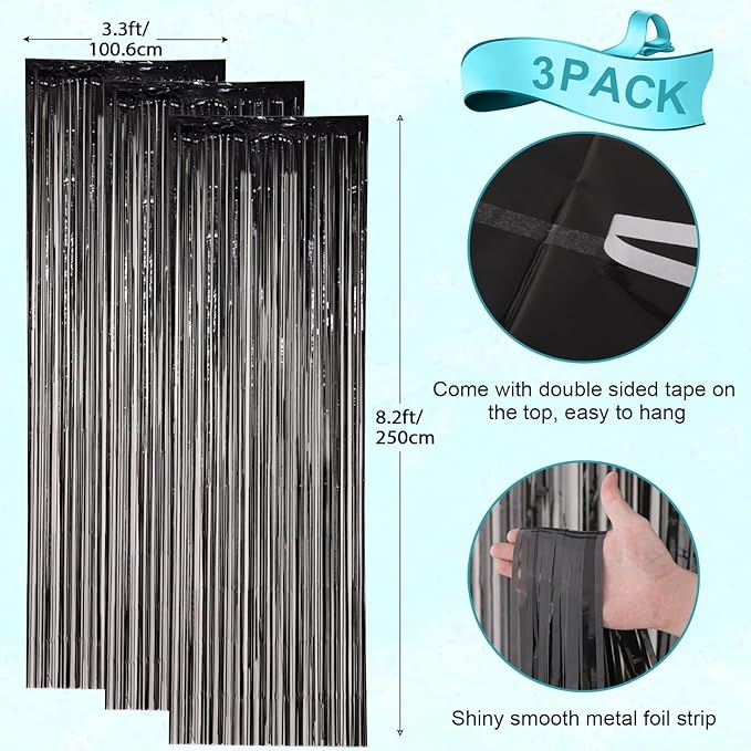 3 Pack 3.3x8.2 Feet Black Foil Fringe Backdrop Curtains, Tinsel Streamers - Image 3