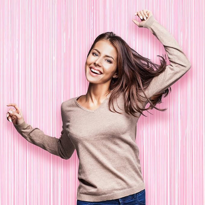3 Pack 3.3 x 8.2 ft Pasel Pink Foil Fringe Backdrop Curtains, Tinsel Streamers - Image 6
