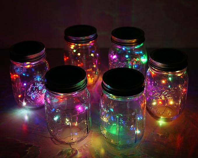 6 Pack Mason Jar Lights, 10 LED Solar Colorful Flicker Fairy String Lights Lids - Image 6
