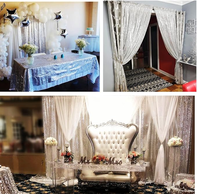 Poise3EHome 2Pcs 3Ft x 8Ft Silver Sequin Backdrop Curtain, Glitter Photography - Image 5