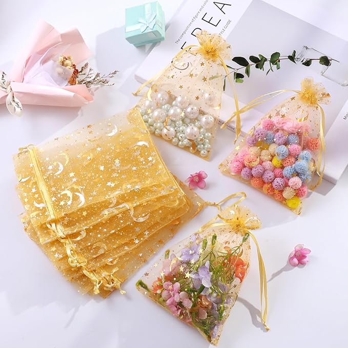 Hopttreely 100 Pieces Moon Star Organza Jewelry Candy Bags, 4x6 Inch Gold - Image 5