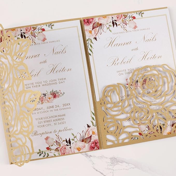 50pcs Gold Laser Cut Wedding Invitations Card Pocket - Image 7