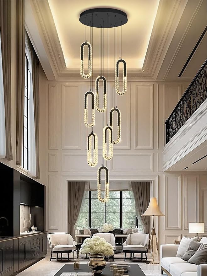 8 Rings Crystal Chandelier, H 118" Modern Black Pendant Light Luxury Foyer - Image 5