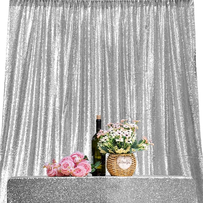 Silver Sequin Backdrop Curtains 4 Panels 2FTx8FT Wedding Photo Backdrop Glitter - Image 6