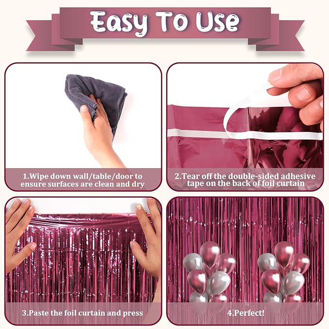 2 Pack Burgundy Foil Fringe Backdrop Curtains, Tinsel Streamers Party - Image 3