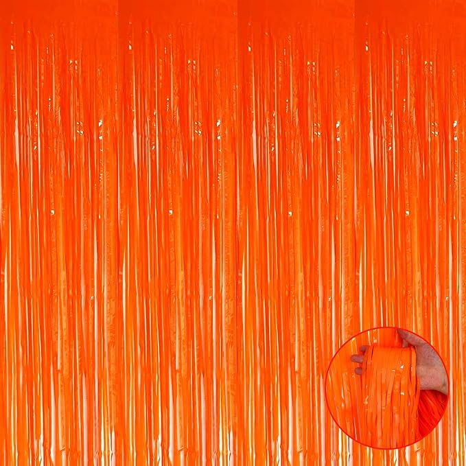 4 Pack Orange Foil Fringe Curtain Backdrop, 3.3Ft x 9.8Ft Metallic Tinsel by Unknown