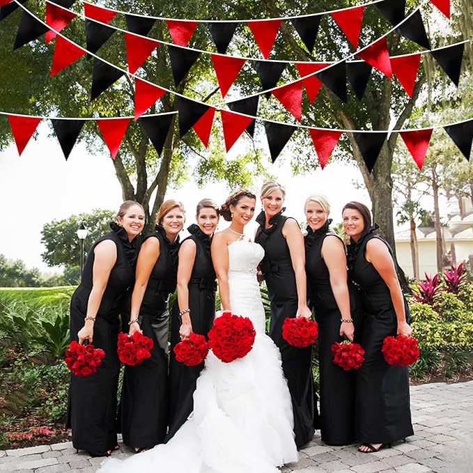 Red Black Party Decoration Metallic Fabric Triangle Pennant Banner Flag Bunting - Image 5