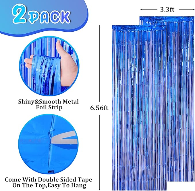 2 Pack Blue Foil Fringe Backdrop Curtains, Tinsel Streamers Party Decorations - Image 2