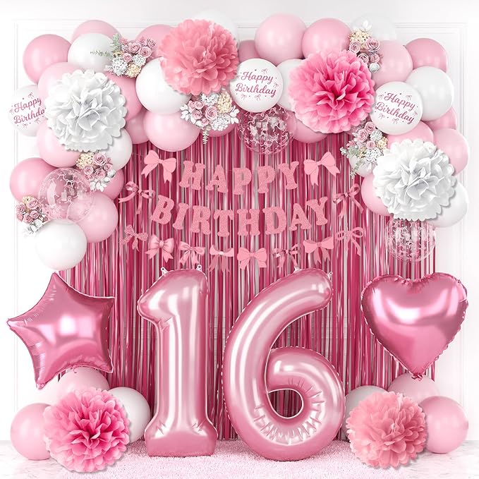 16th Birthday Decorations for Girls Pink Number 16 Balloon Bow Coquette Happy by KAINSY