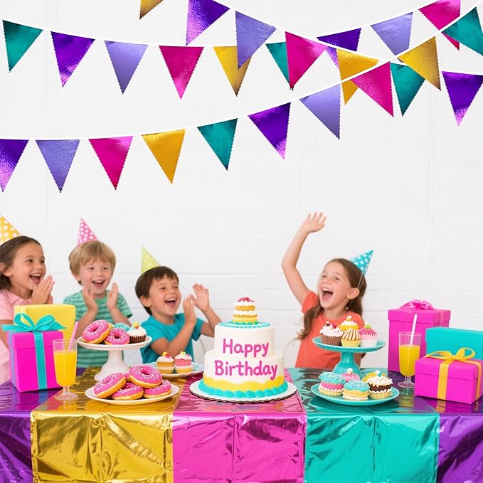 Colorful Party Decorations Hot Pink Teal Purple Metallic Fabric Triangle - Image 4