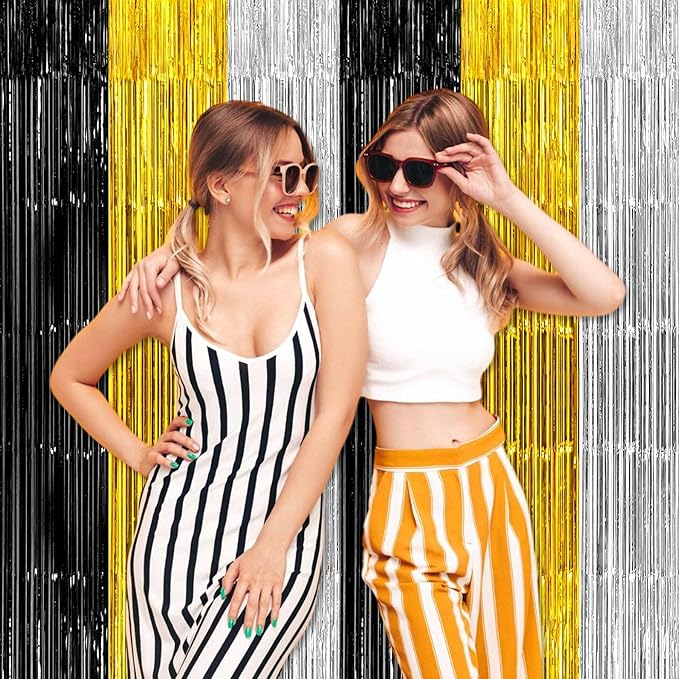 3 Pack Black Gold Silver Foil Fringe Curtains Backdrop, 3.28 x 9.8 Ft Metallic - Image 6