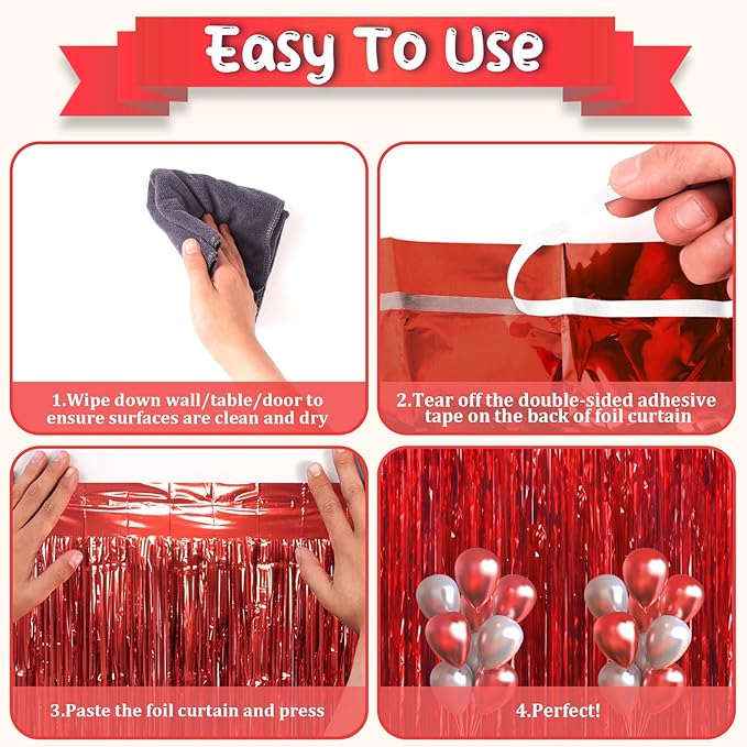 3 Pack 3.3 x 6.6 ft Red Foil Fringe Backdrop Curtains, Tinsel Streamers Party - Image 4