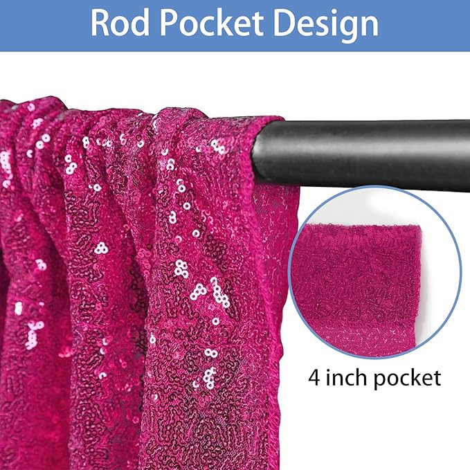 Hahuho Fuchsia Sequin Backdrop Curtain, Party Decoration（2 Panels, 2FT x 8FT - Image 2