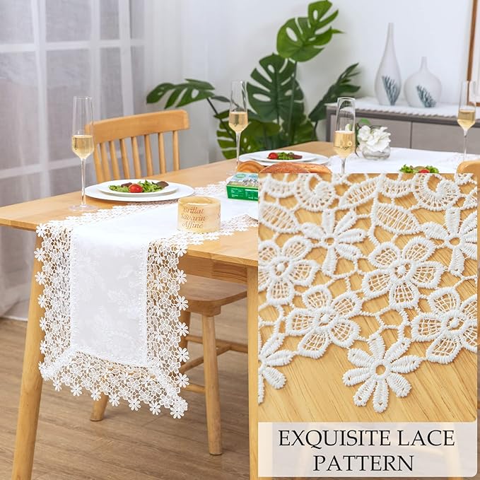 White lace Premium Rectangle Farmhouse Table Runner Waterproof OilProof - Image 3
