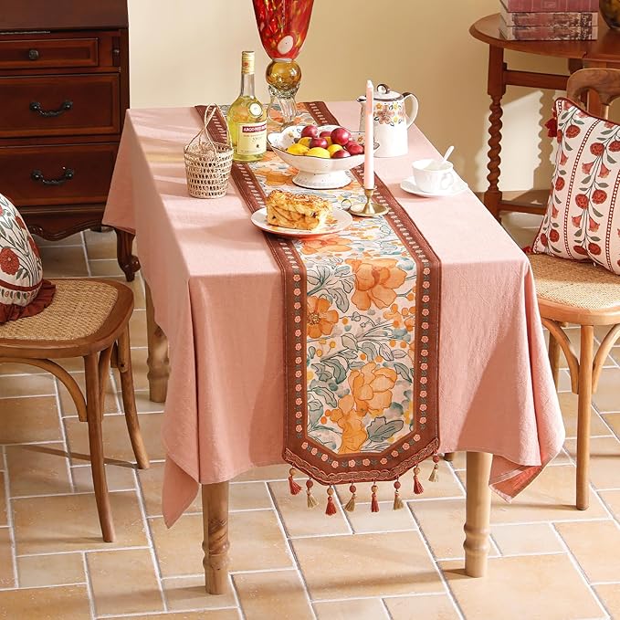 Designer Vintage Floral Printed Table Runner, French Soft Linen Farmhouse Table - Image 3