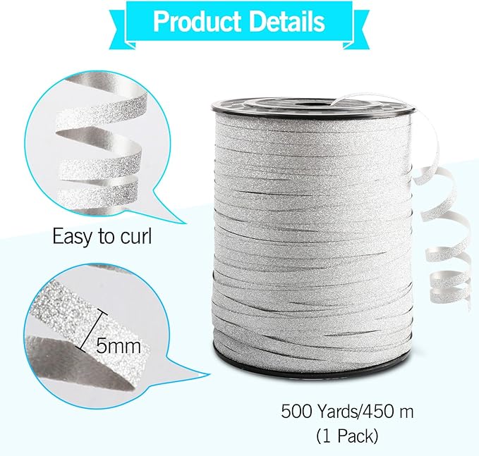 Silver Curling Ribbon, 500 Yard Christmas Glitter Curly Ribbons - Image 4
