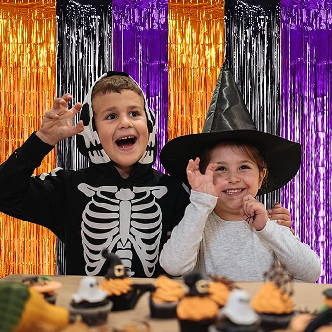 TONIFUL 2Pcs Orange Purple Black Metallic Tinsel Foil Fringe Curtains, 3.28ft x - Image 6