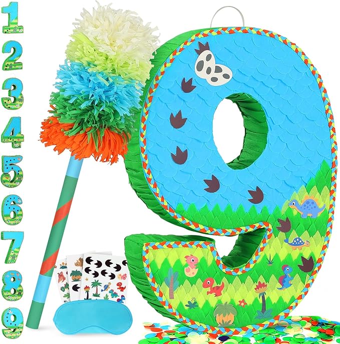 Number 9 Pinata for Birthday Party Decorations, Jungle Dinosaur Piñata Games Toy by Pardecor