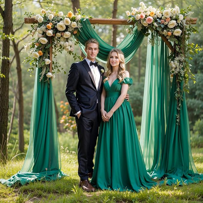 Wedding Arch Draping Fabric, 2 Panels 18FT Emerald Green Sheer Chiffon Curtain - Image 6