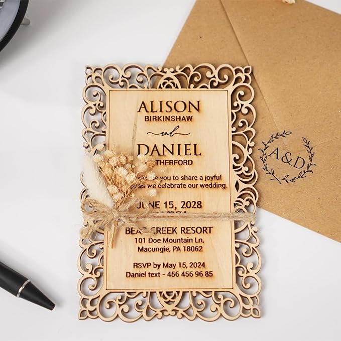 Personalized Wedding Invitations, Laser Cut Wedding Invitation, Flower Wooden - Image 5