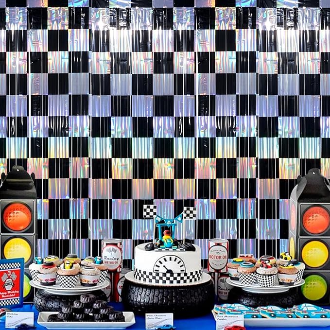 2 Pack 3.3Ft x 6.6Ft Race Car Checkered Foil Fringe Curtain Backdrop Decorations - Image 4