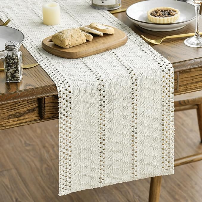 Artoid Mode Beige Farmhouse Woven Rustic Hollow Table Runner, Seasonal Holiday by ArtoidMode