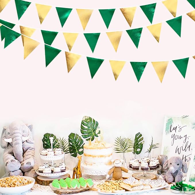 Green Gold Party Decorations Metallic Fabric Triangle Pennant Banner Flag - Image 8