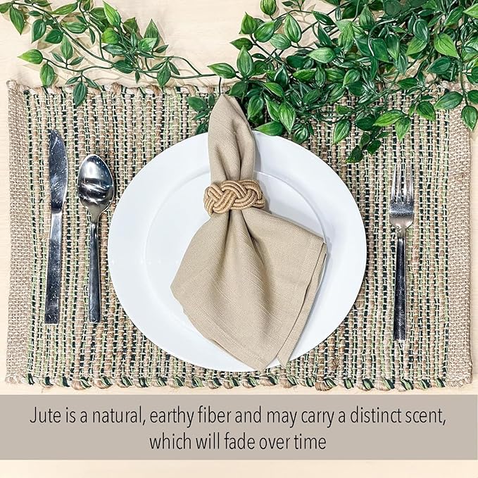 Chardin Home Natural Jute & Green Placemats, 13x19 Inch Dining Table Placemats - Image 5
