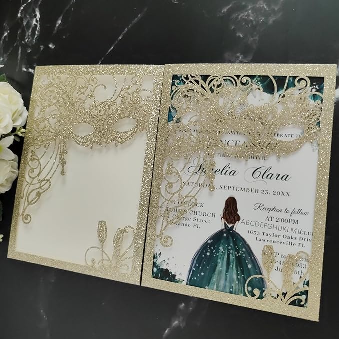 20PCS Masquerade Invitations, masquerade wedding invites, laser cut invitation - Image 4