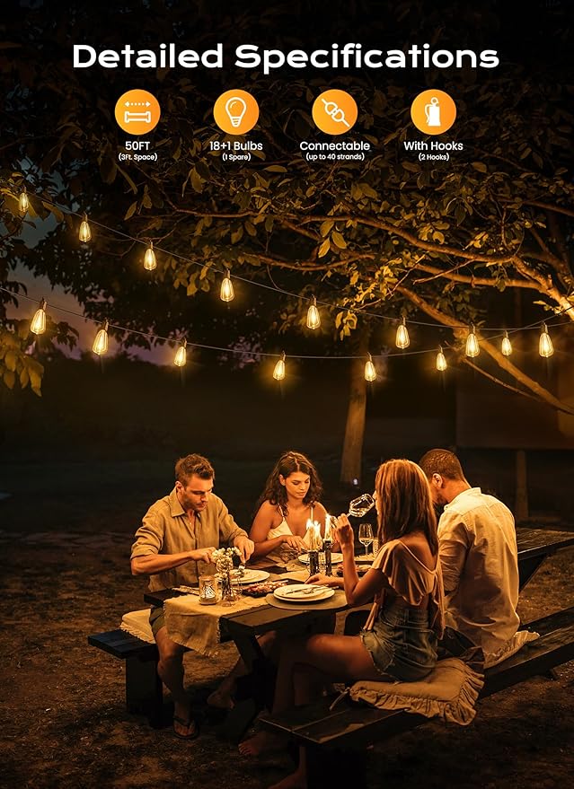 Brightown Outdoor String Lights, 50FT 18+1 LED ST38 LED Patio Lights - Image 2