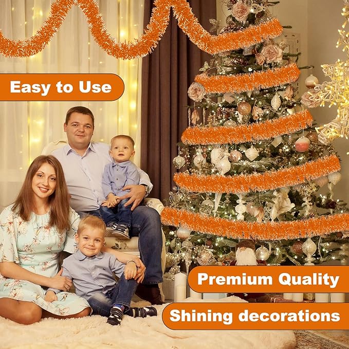 25 Feet Macaron Orange Christmas Tinsel Garland, Metallic Foil Twist Banner - Image 4