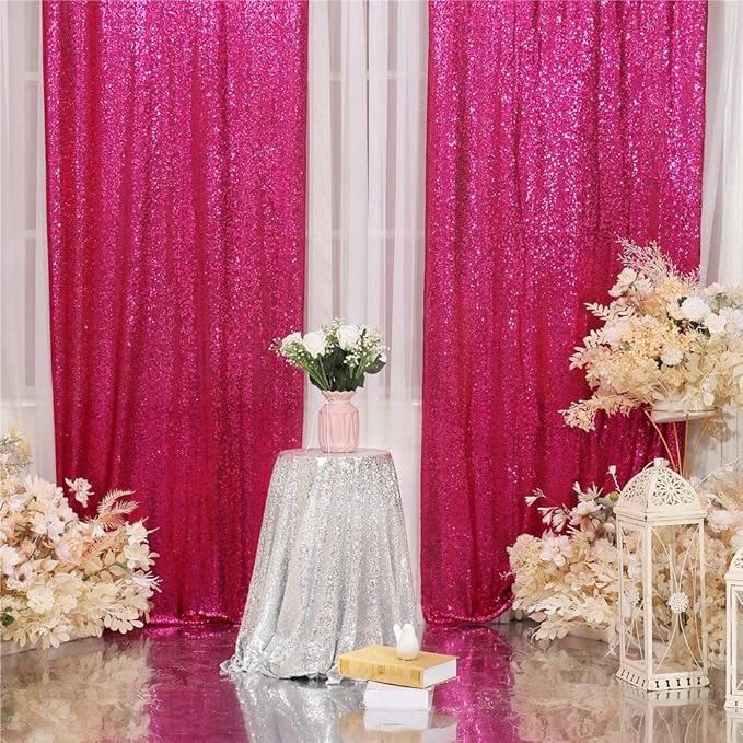 Eternal Beauty Hot Pink Sequin Backdrop Curtains, Valentine's Day Shimmer Back - Image 3
