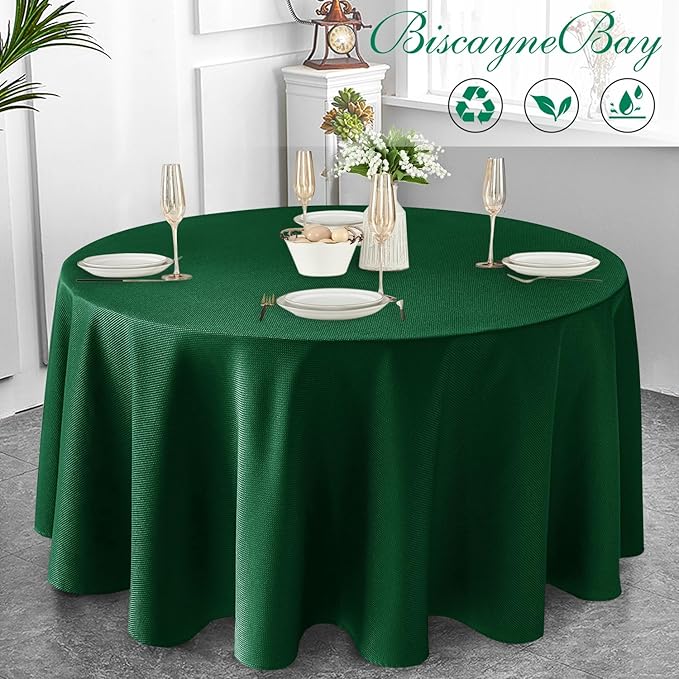 Biscaynebay Textured Fabric Round Christmas Table Cloths 108", Hunter Green - Image 6