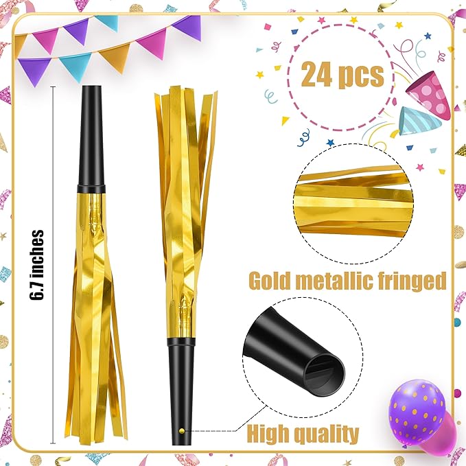 24 Pcs Glitter Noise Makers Metallic Fringed Party Blower - Image 2