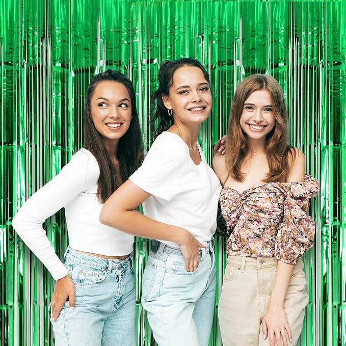 2 Pack Green Foil Fringe Backdrop Curtains, Tinsel Streamers Birthday Party - Image 6