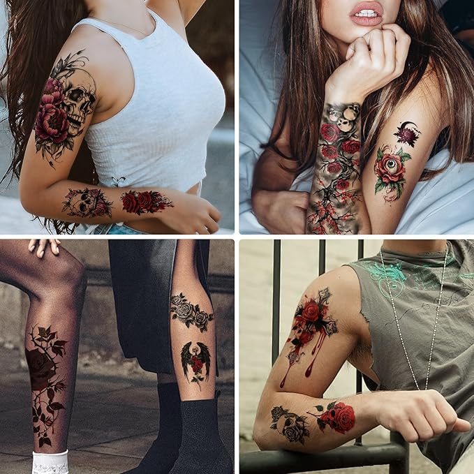 77 Sheets Skull Flower Realistic Temporary Tattoos - Image 5