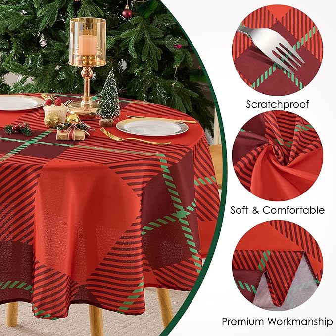 Christmas Tablecloth Round 60 Inch Waterproof, Machine Washable Checkered - Image 5