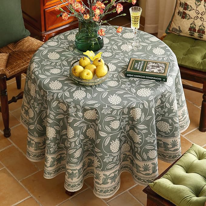 ISAENNE Designer Grayish Green Linen Round Tablecloth, Floral Elegant Stain - Image 3