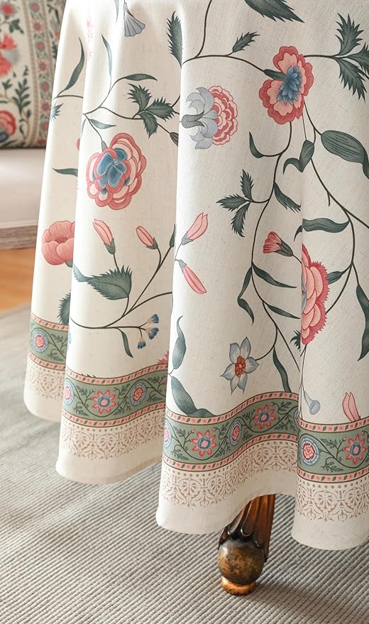ISAENNE Designer Chinoiserie Linen Floral Small Round Tablecloth, Elegant Decor - Image 7