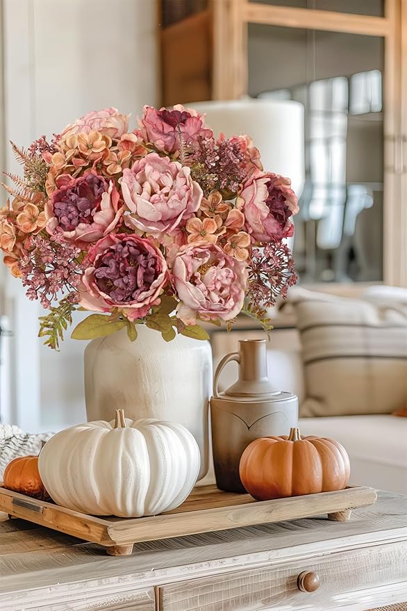 Hollyone 2Pcs Artificial Fall Flowers Bouquet 18.8" Pink Dried Peony Hydrangea - Image 4
