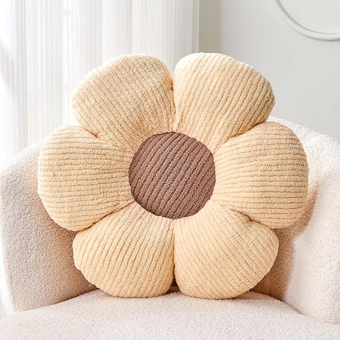 White Brown Flower Pillow, 14.9" Cute Flower Shaped Floor Pillow, Aesthetic by Kcvvcr